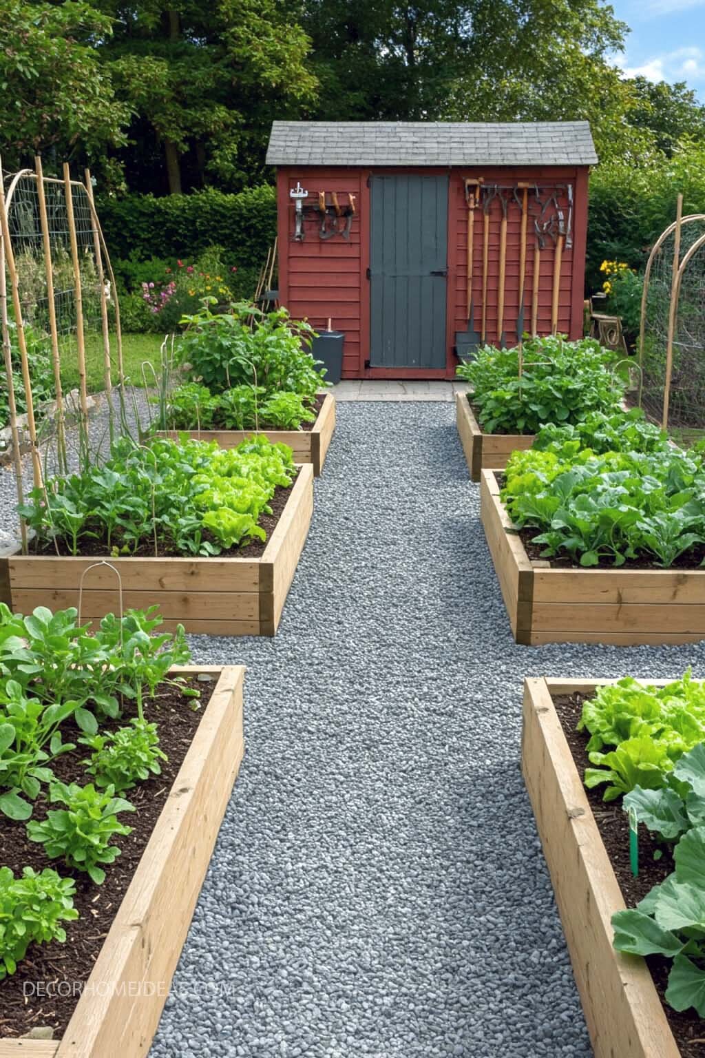 Beautiful Raised Bed Vegetable Garden with Rustic Shed & Gravel Paths