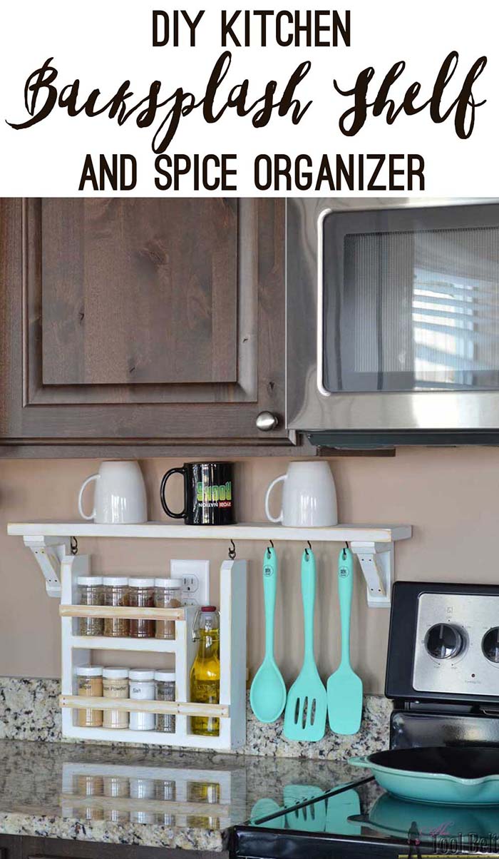 Kitchen backsplash shelf and spice organizer