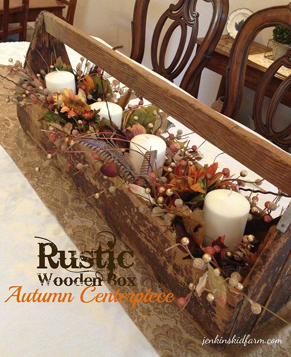 Rustic Wooden Box Fall Centerpiece #rustic #centerpieces #woodenbox #homedecor #decorhomeideas