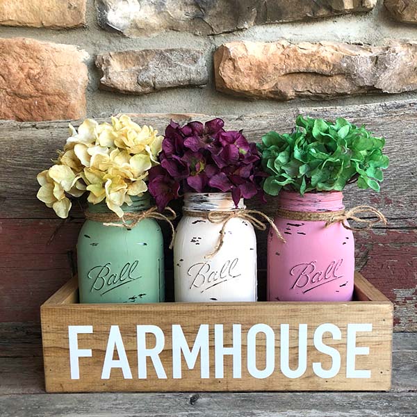 Rustic Wooden Box With Mason Jars #rustic #centerpieces #woodenbox #homedecor #decorhomeideas