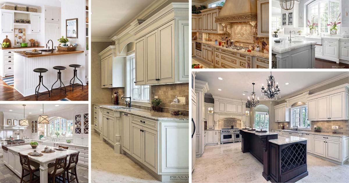 32 Best Antique White Kitchen Cabinets, How To Paint Kitchen Cabinets Black Distressed White