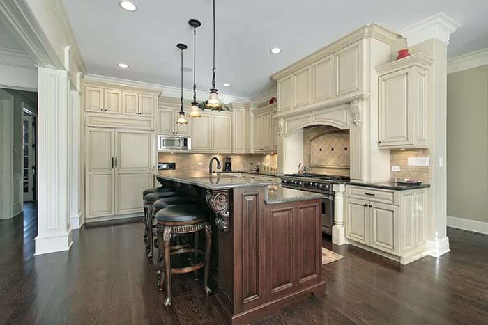 Two Tier Kitchen Island With Antique White Cabinets Design