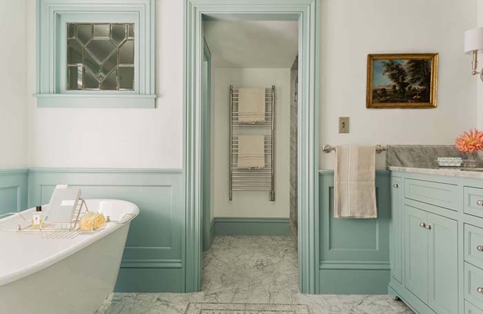 Fabulous bathroom design with wainscoting wall