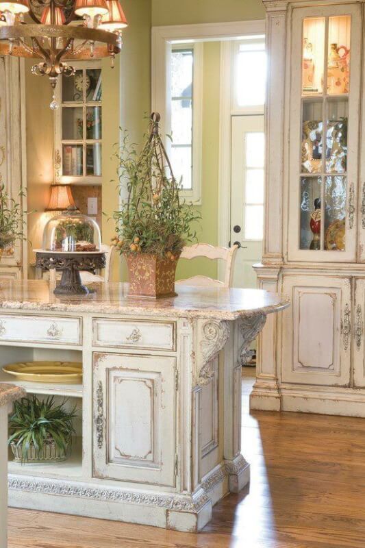 French Country Antique White Kitchen Cabinets