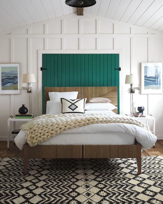 Green Accent Master Bedroom Wainscoting Wall