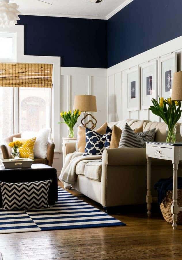 Naval Painted Living Room With Wainscoting