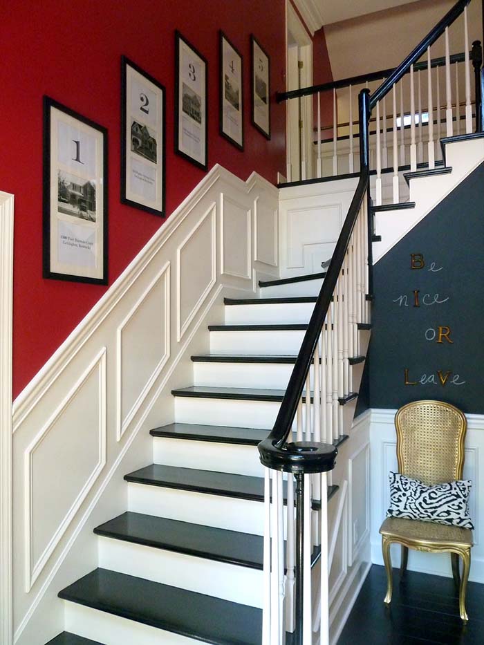 Red Wall Wainscoting Staircase