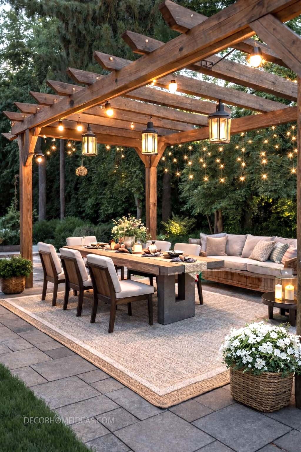 Cozy Pergola Patio Dining Area with String Lights
