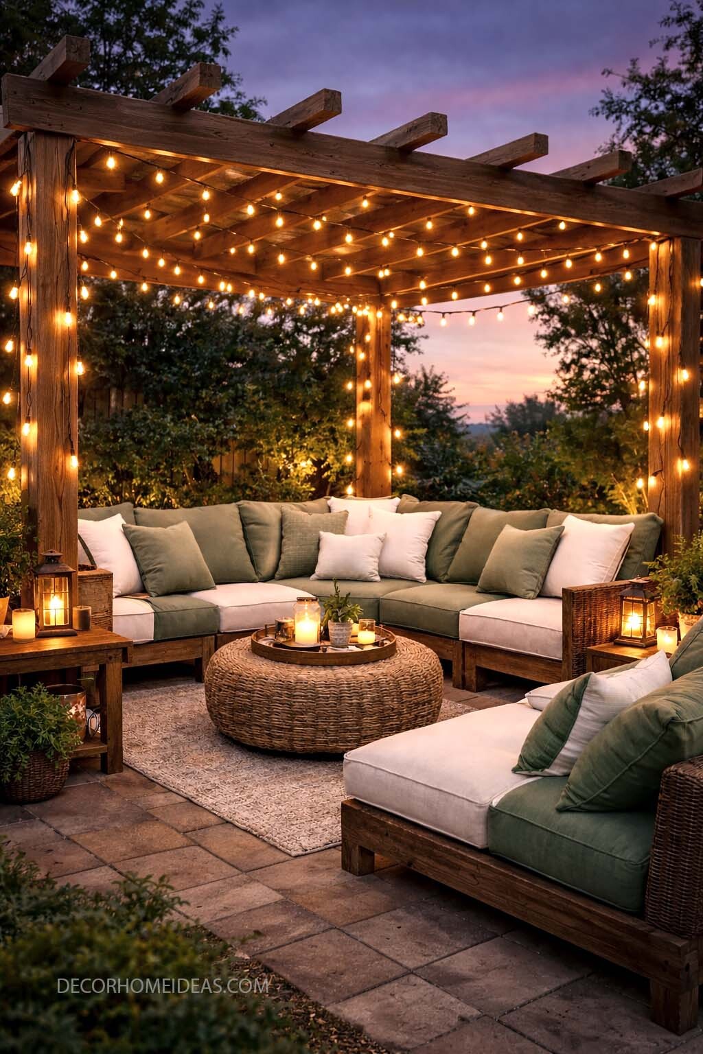 Cozy Pergola Seating Area with String Lights