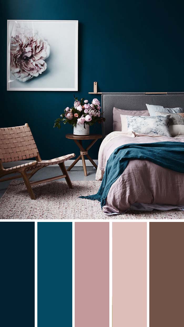 Dark Teal Dusty Rose Bedroom Color Scheme SW Color Names Included #bedroom #color #scheme #decorhomeideas #colorchart