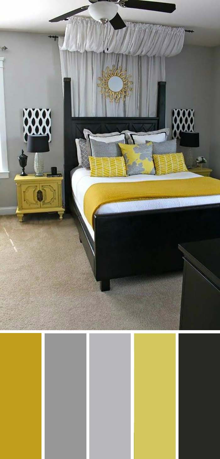 Gray Black Yellow Bedroom Color Scheme SW Color Names Included #bedroom #color #scheme #decorhomeideas #colorchart