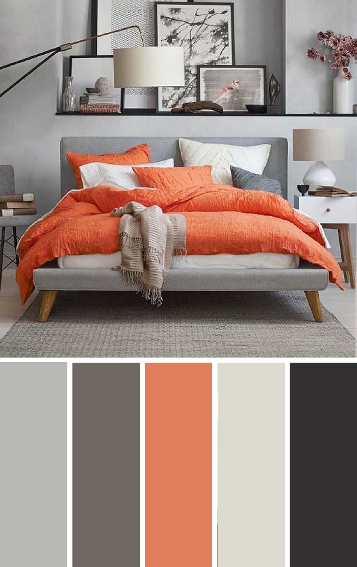 Gray Orange Bedroom Color Scheme SW Color Names Included #bedroom #color #scheme #decorhomeideas #colorchart