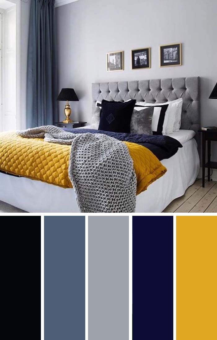 Gray Yellow Navy-Blue Bedroom Color Scheme SW Color Names Included #bedroom #color #scheme #decorhomeideas #colorchart