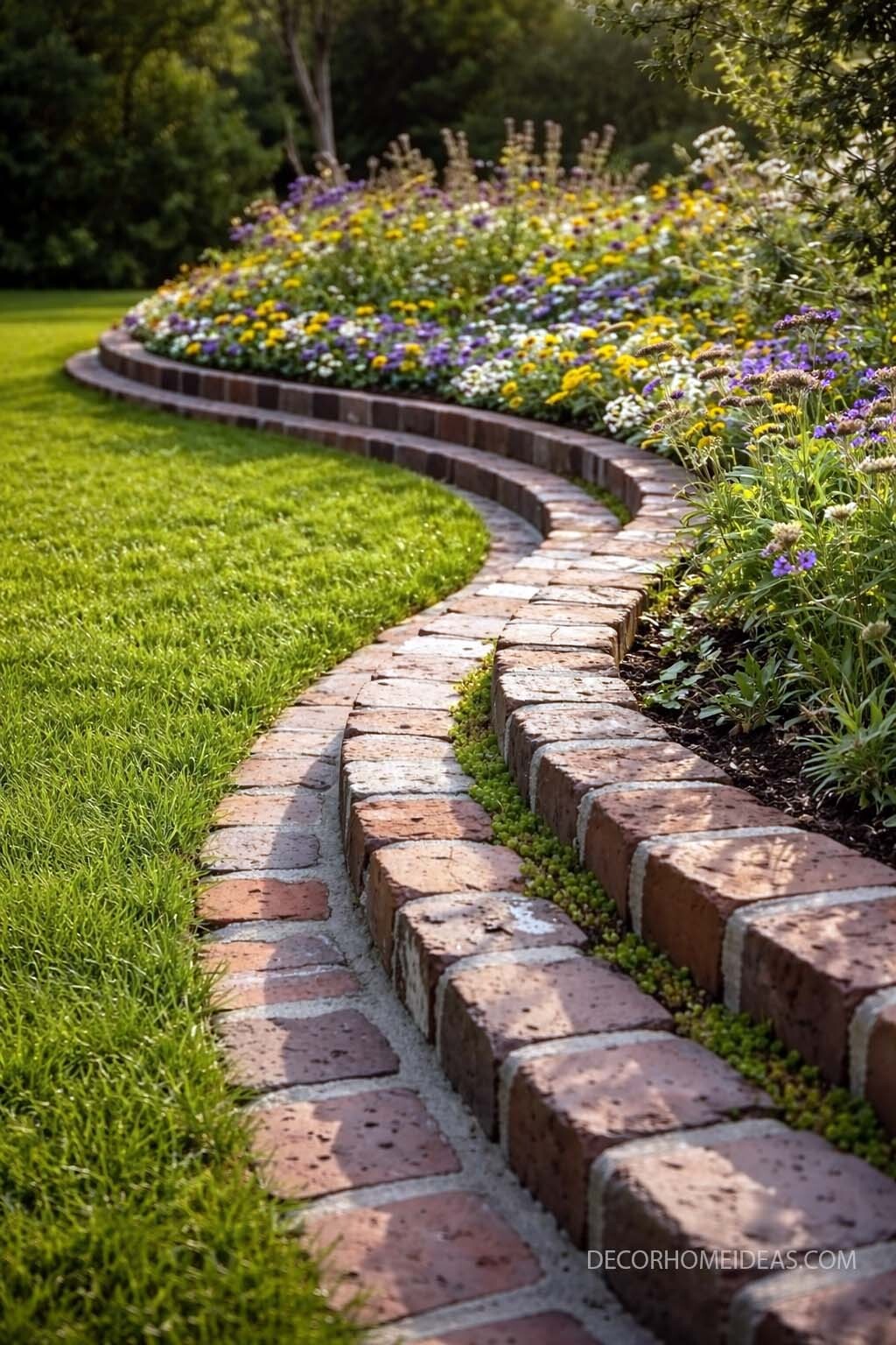 Layered Brick Garden Edging with Lush Cottage Flower Bed