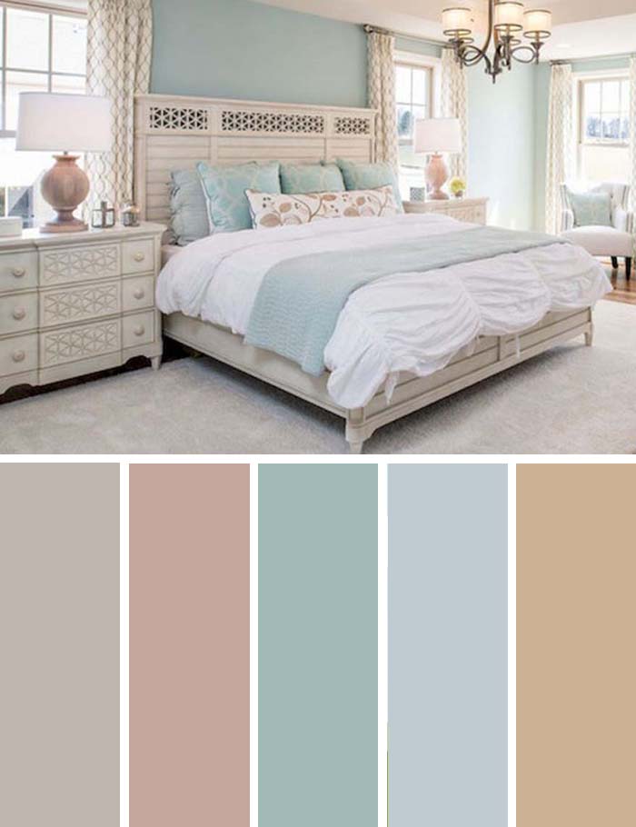 Pastel Cream And Blue Bedroom Color Scheme SW Color Names Included #bedroom #color #scheme #decorhomeideas #colorchart