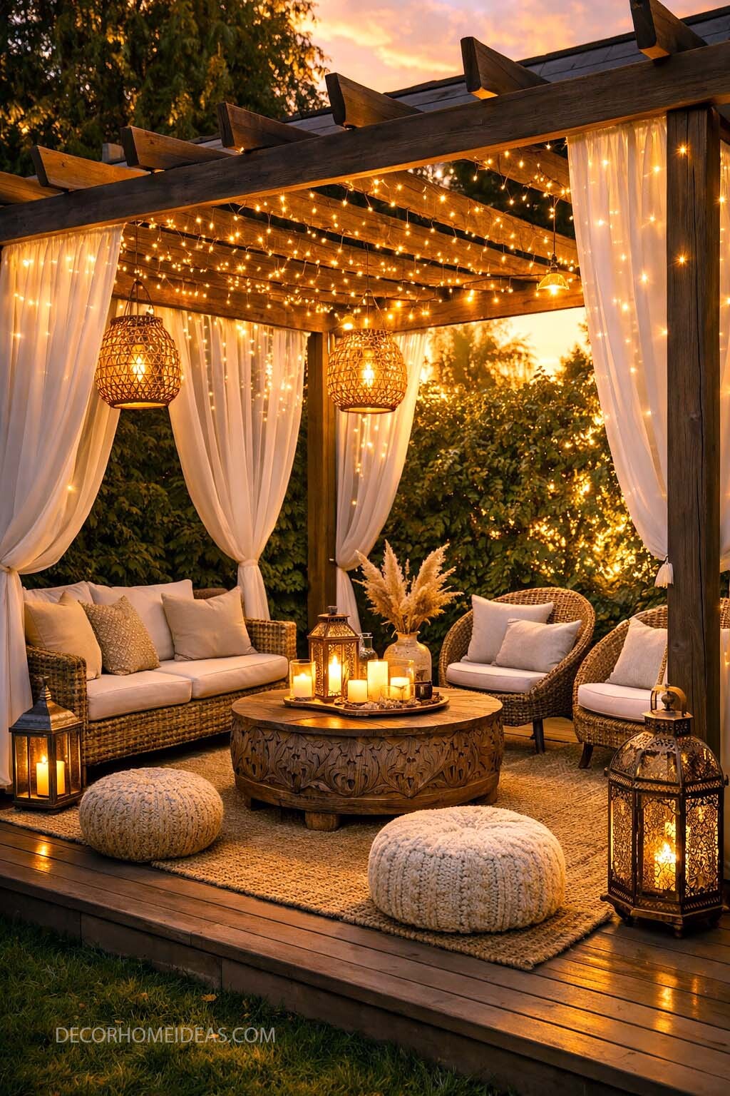 Romantic Backyard Pergola Lounge with Fairy Lights