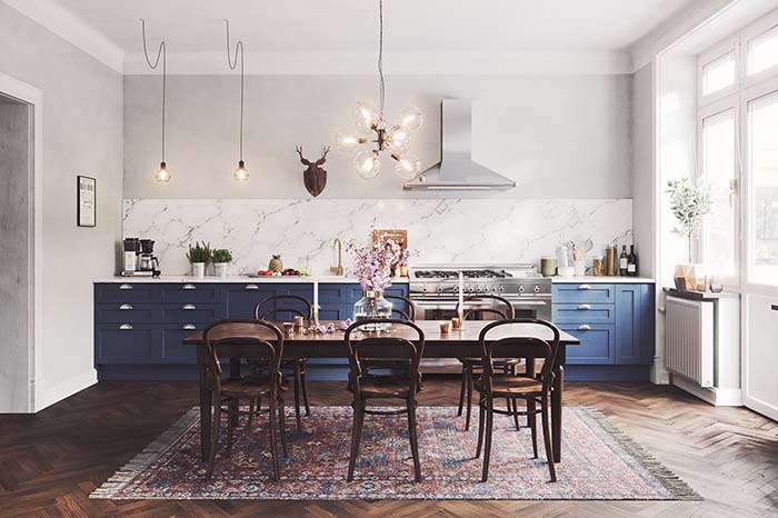 Blue kitchen with dining room