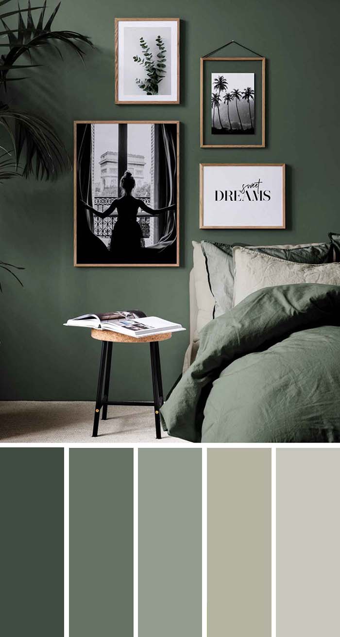 Earth Tone Green Bedroom Color Scheme. Rich tones and shades of green, beige and gray gives the room a feel of luxury and sanctuary at the same time. SW Color Names Included #bedroom #color #scheme #decorhomeideas #colorchart