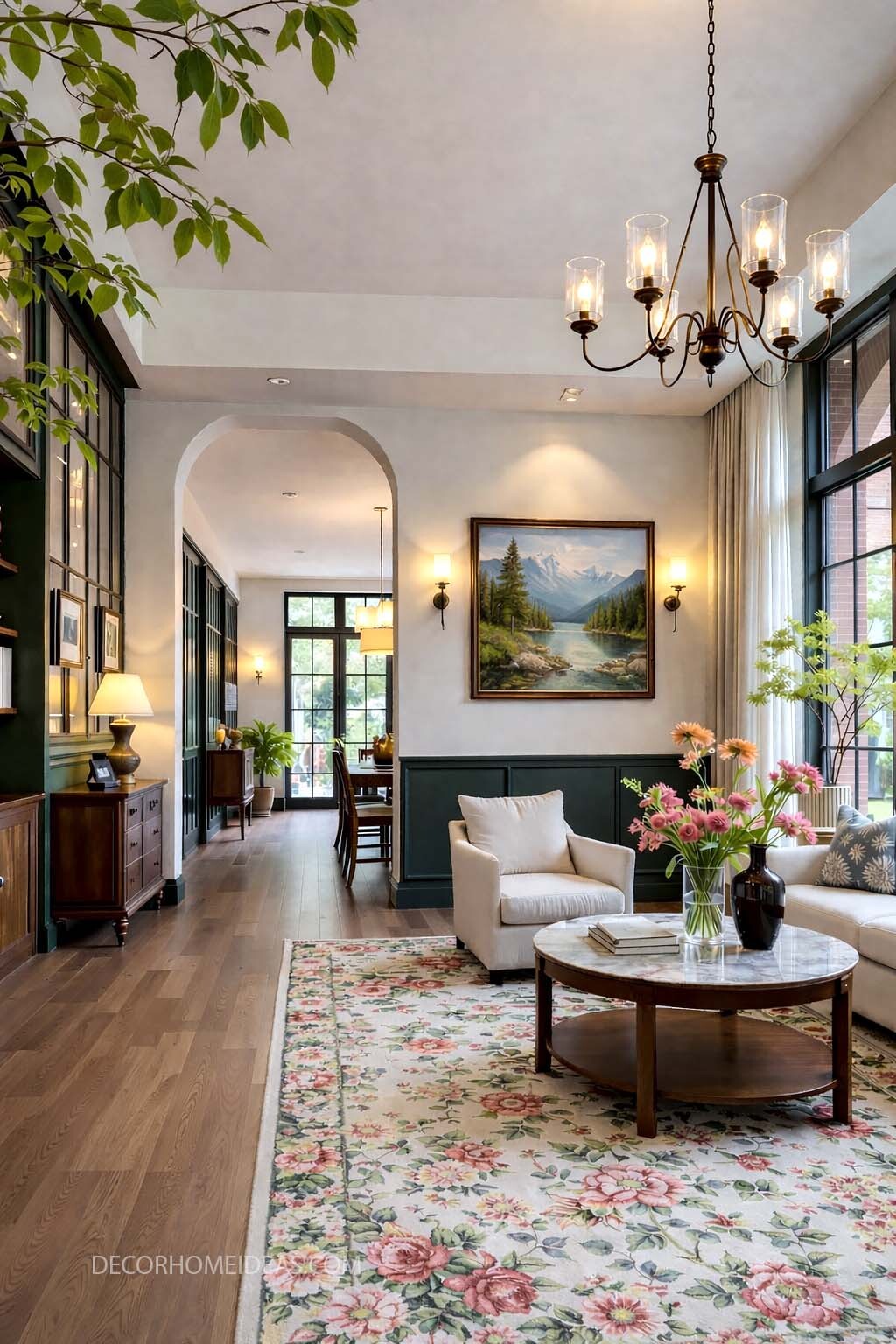 Cozy Classic Living Room with Green Paneled Walls and Floral Rug
