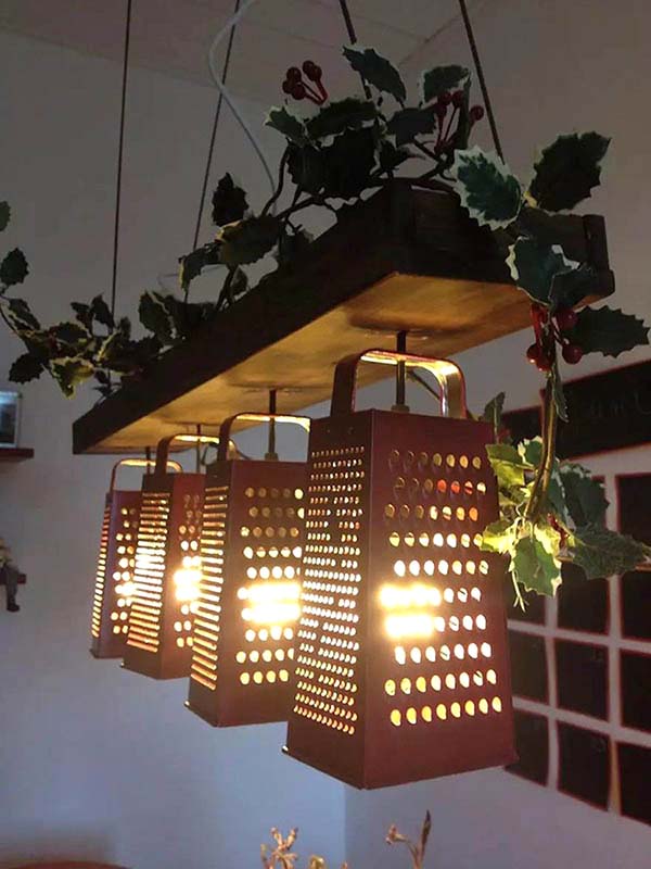 Hanging Light Made From Old Cheese Graters  #repurpose #reuse #kitchen #utensil #decorhomeideas