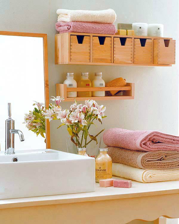 Bathroom Storage Idea With Wooden Boxes on The Wall