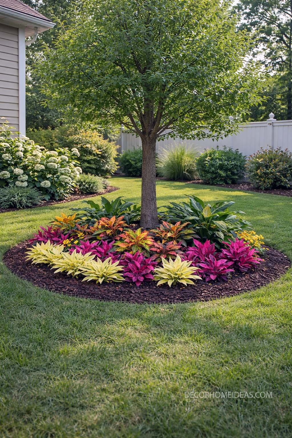 Colorful Circle Flower Bed Around a Front Yard Tree