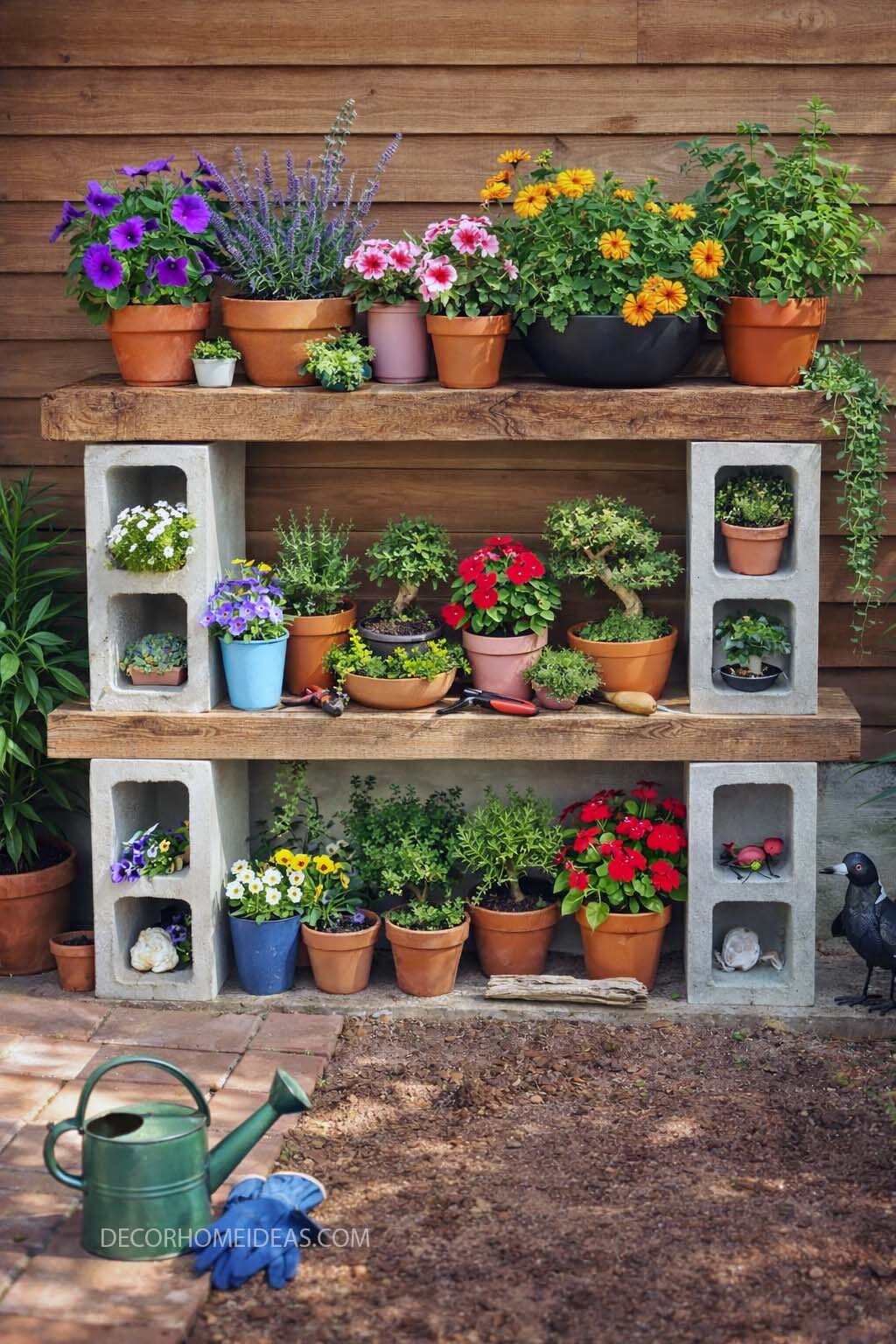 Easy DIY Cinder Block Plant Shelf for Small Gardens