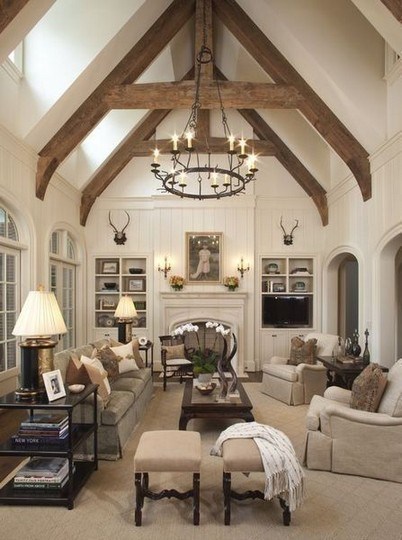 Farmhouse Living Room With Vaulted Ceiling #ceiling #livingroom #vaulted #decorhomeideas