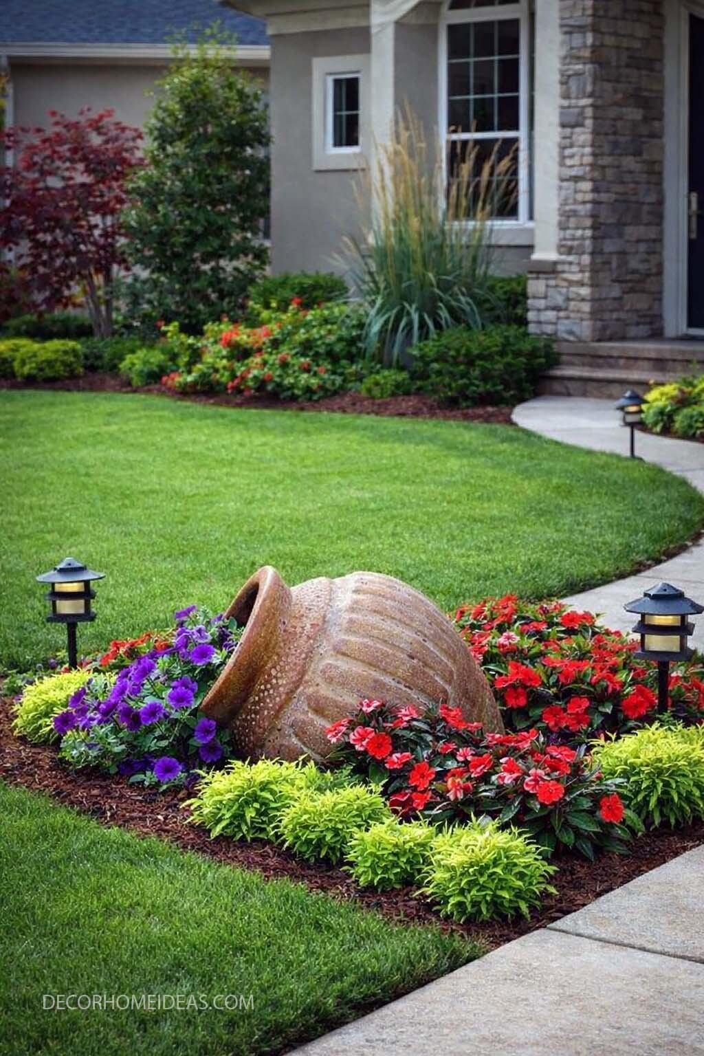Oversized Spilled Pot Flower Bed for Stunning Front Yard Curb Appeal