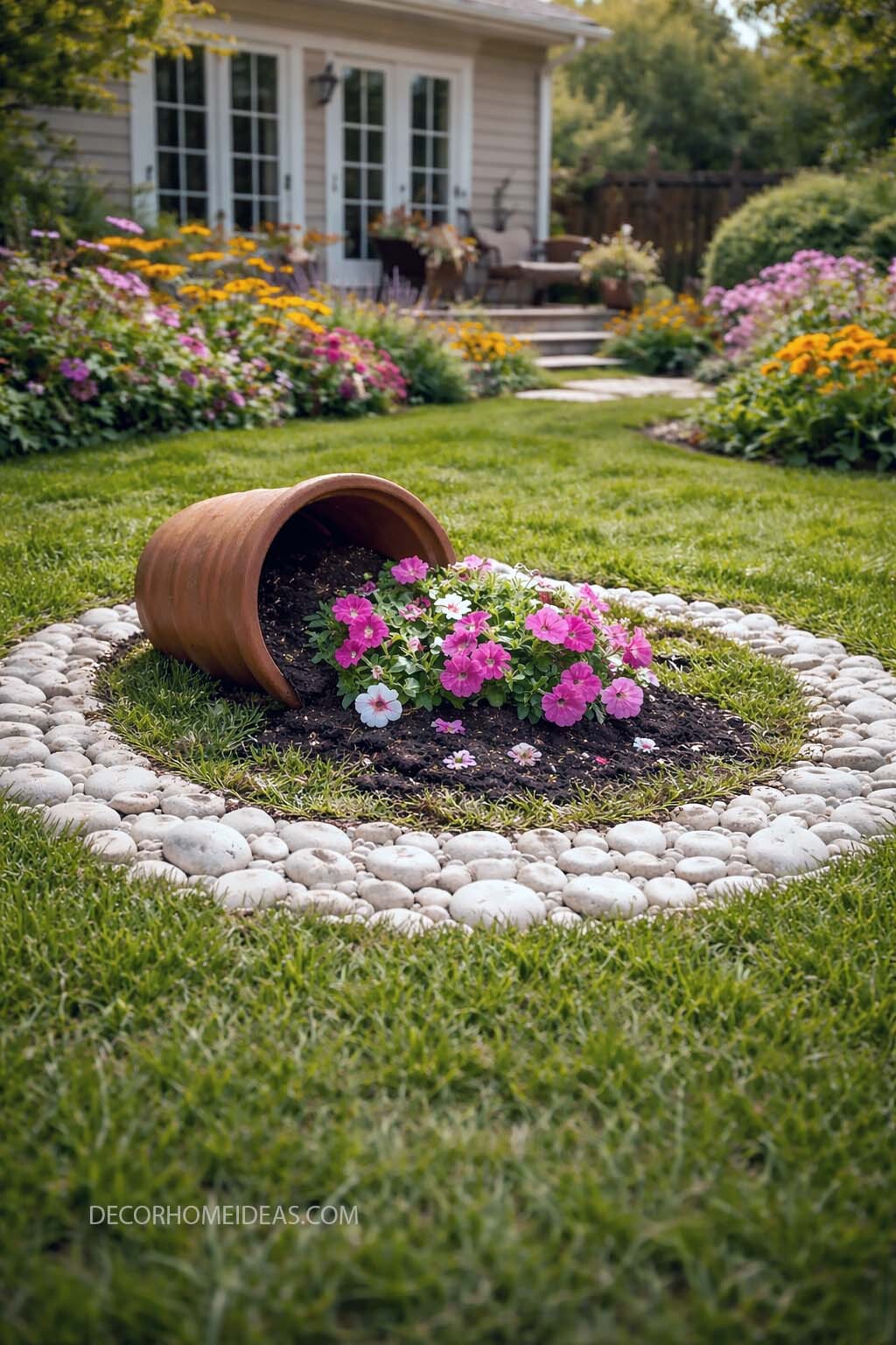 Spilled Flower Pot Garden Idea for a Charming Front Yard