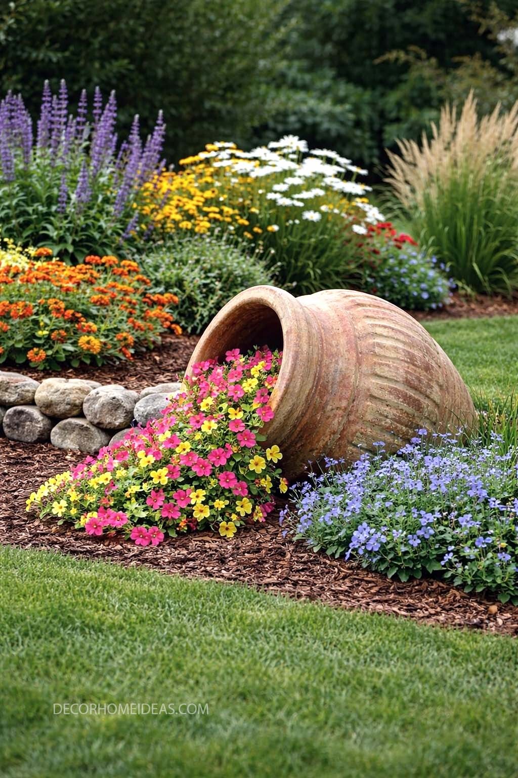 Spilled Flower Pot Garden Idea with Bright Summer Blooms
