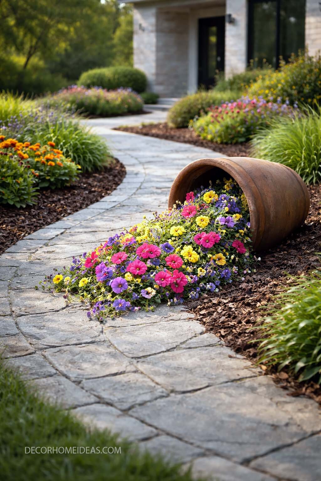 Spilled Flower Pot Idea for a Colorful Front Walkway