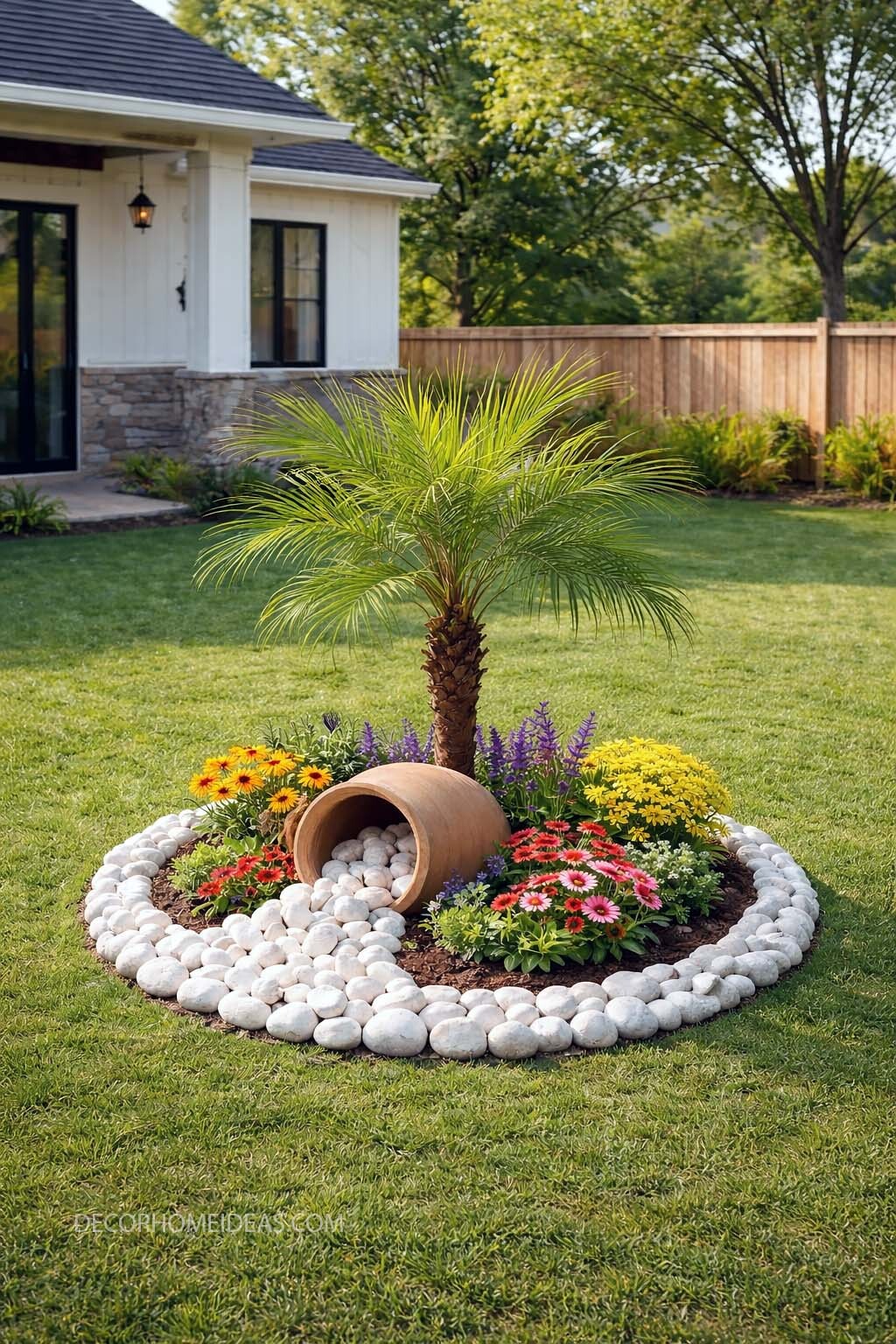 Spilled Pot Rock Garden with Palm Tree and Colorful Flowers