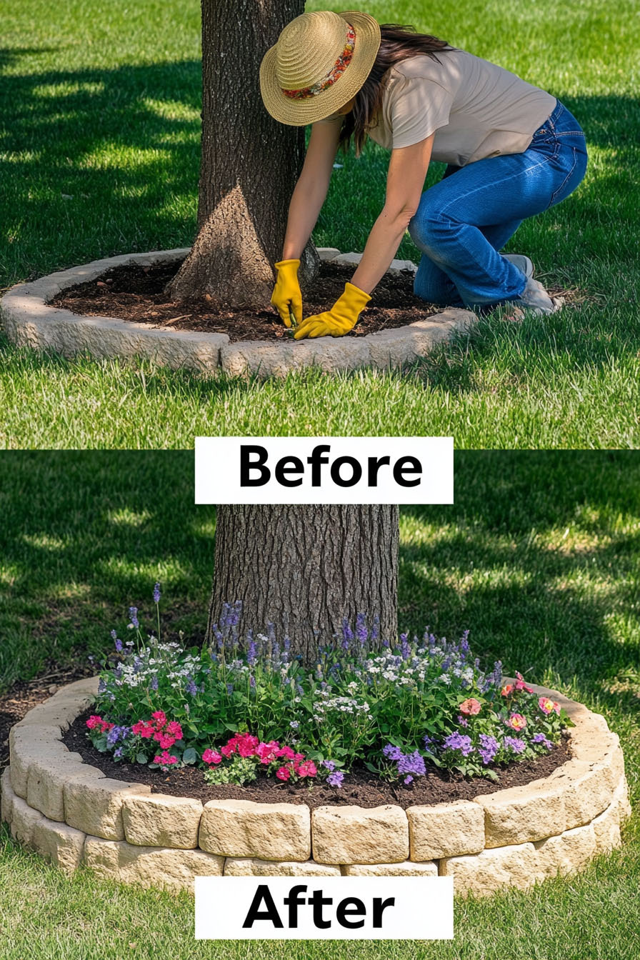 before after flower bed around tree