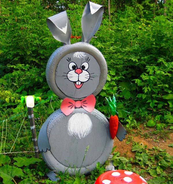 Smiling Rabbit Old Tires Garden Decor #garden #oldtires #decorhomeideas