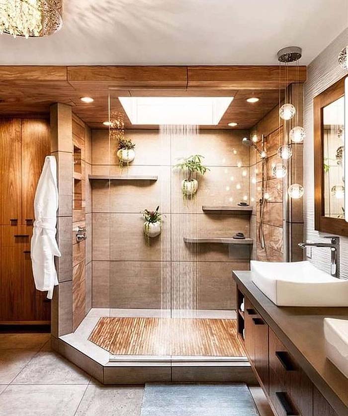 Walk-In Shower Bathroom Design With Teak #bathroom #teak #decorhomeideas