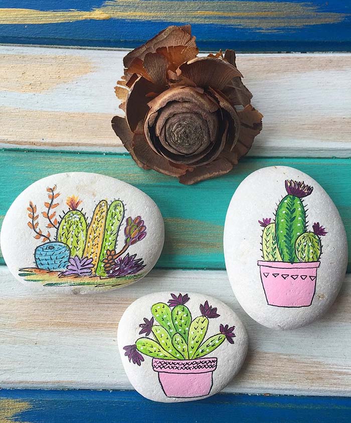Cactus Cartoon Painted Rocks