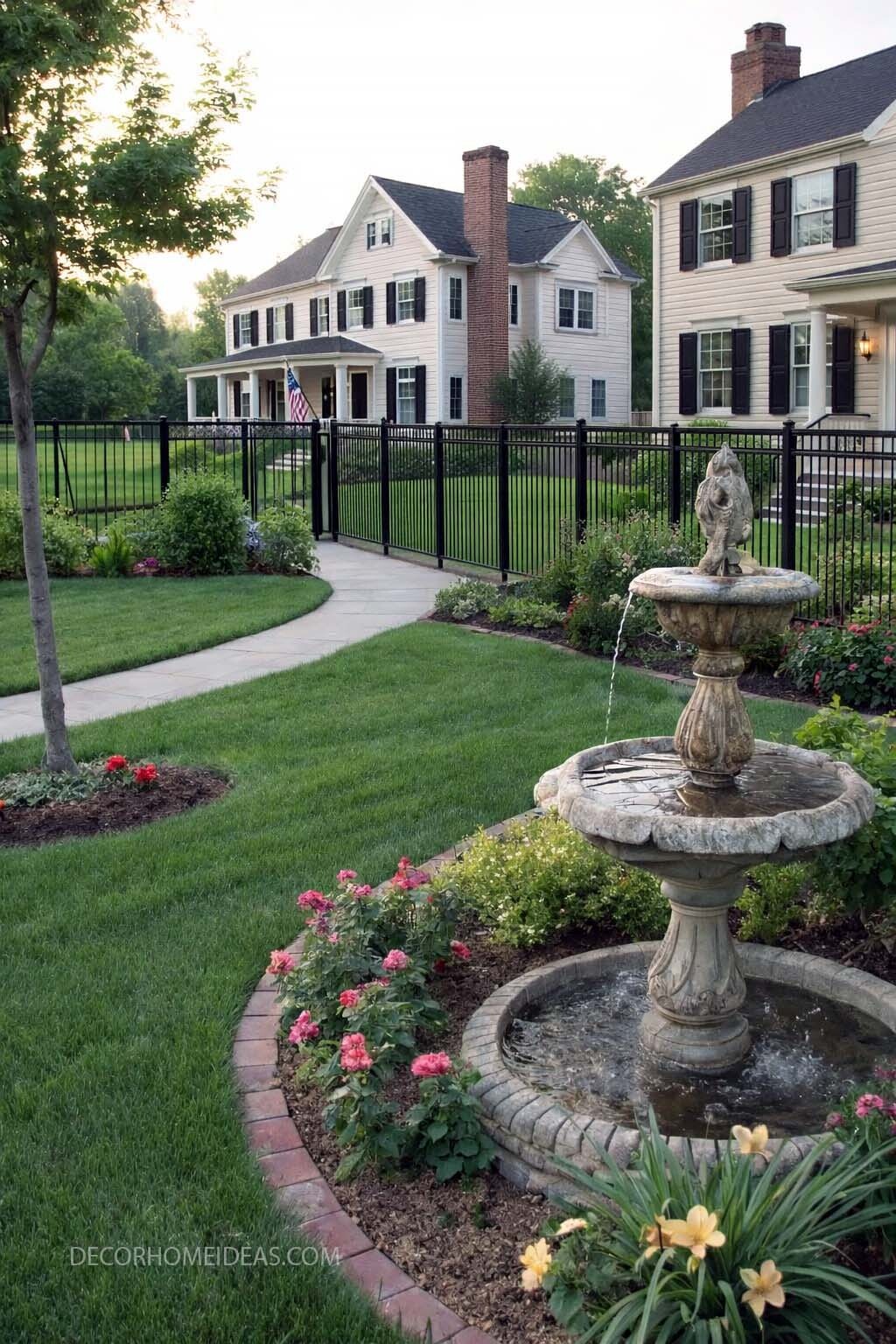 Classic Front Yard Landscaping Ideas with a Garden Fountain