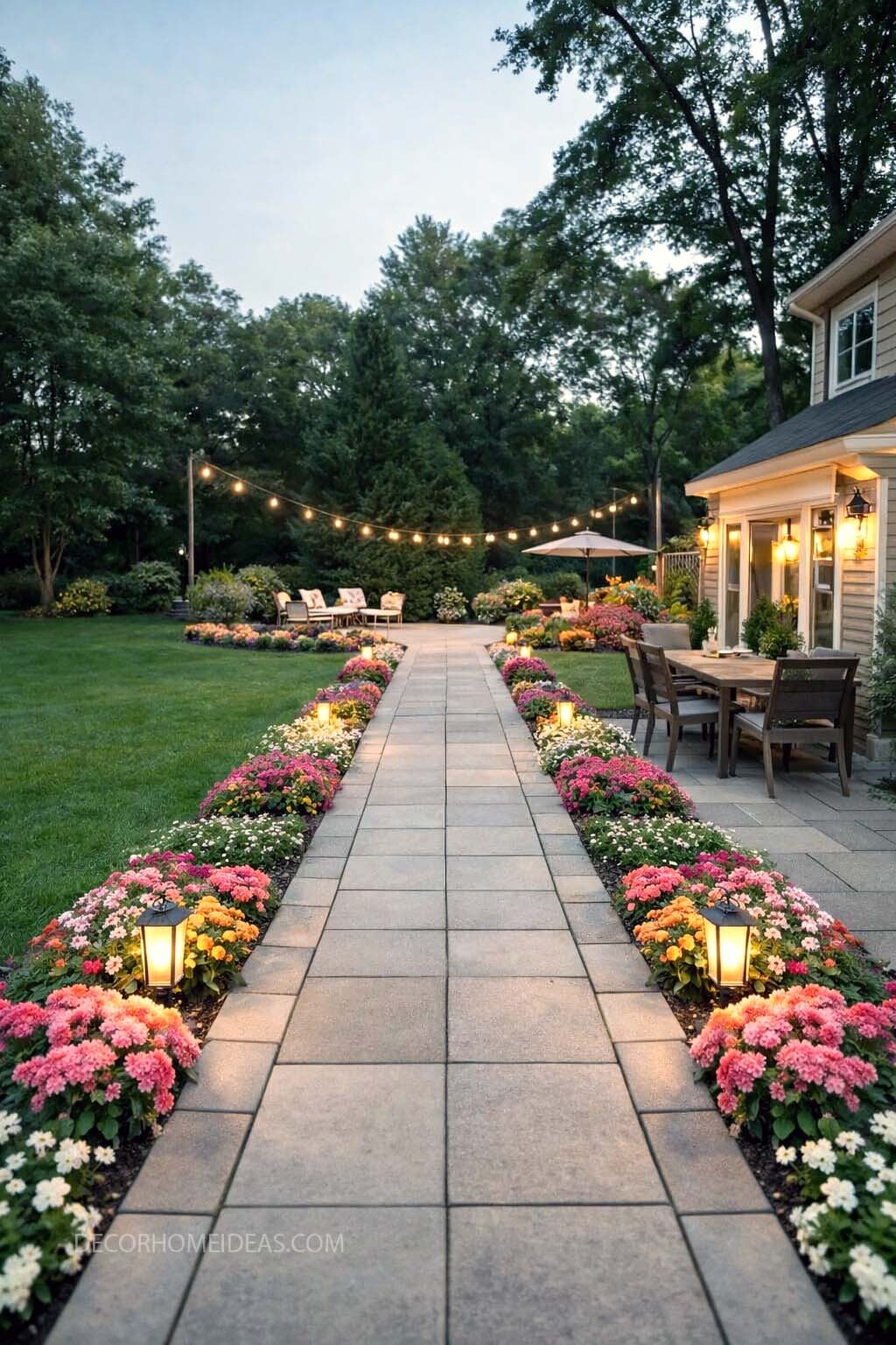 Elegant Backyard Landscaping Ideas with a Paver Walkway and Patio Lights