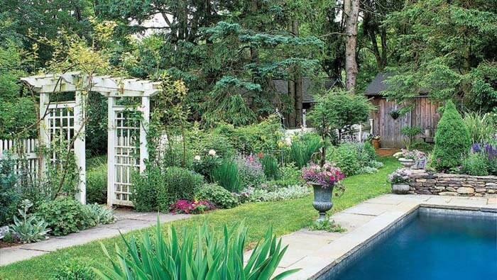 Garden Landscaping With Arbor and Pool #garden #landscaping #decorhomeideas