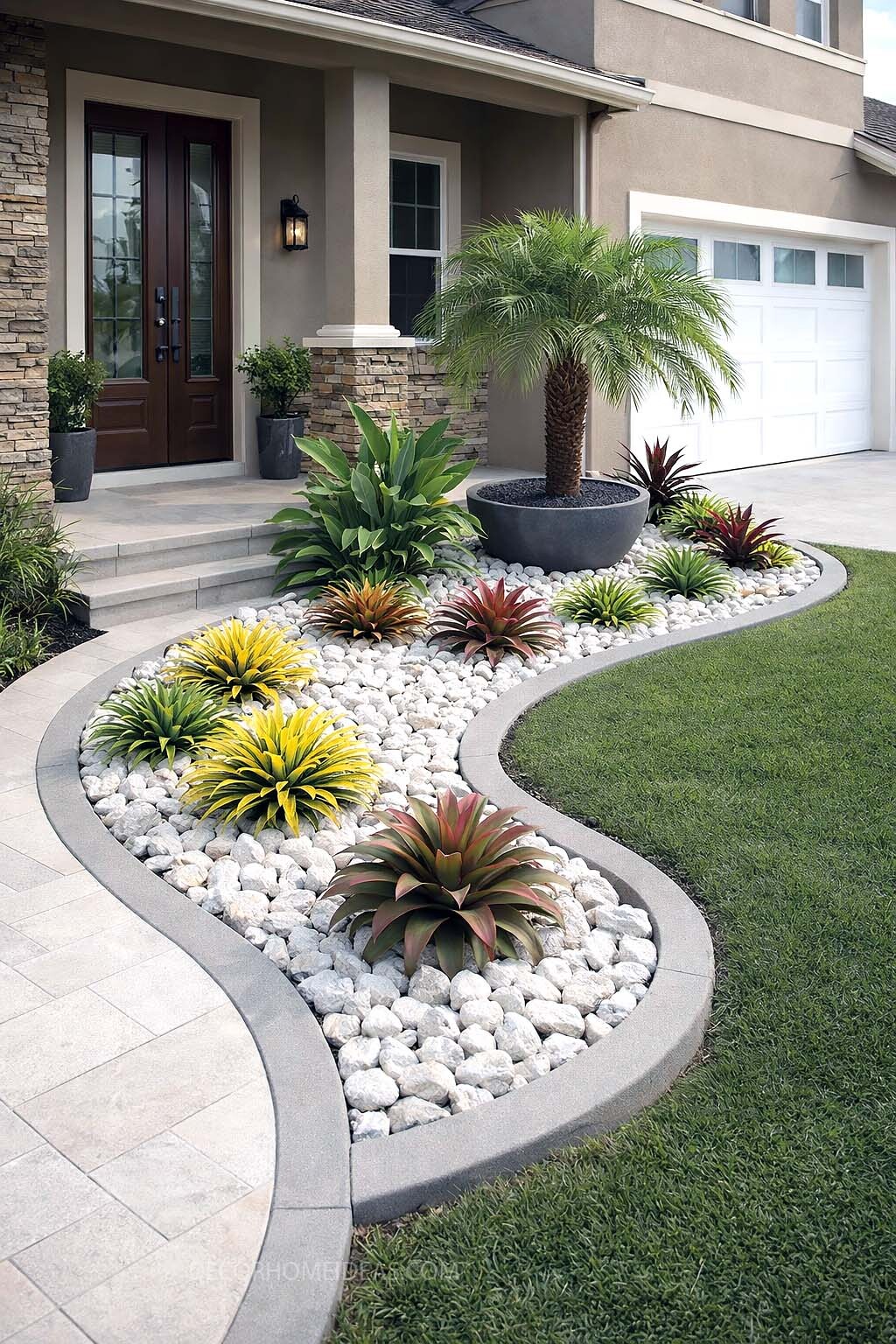 Modern Front Yard Landscaping Ideas with White Rock Garden Design
