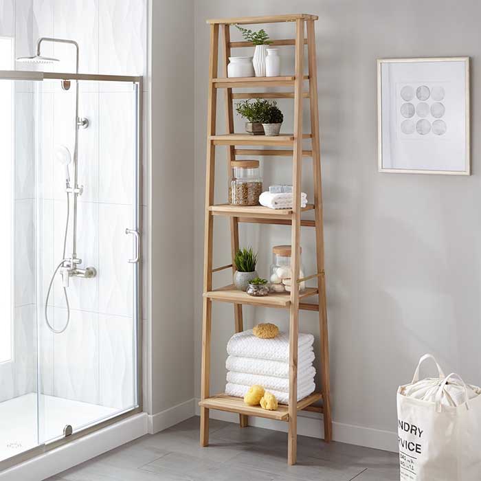 Oversized ladder style teak bathroom shelf