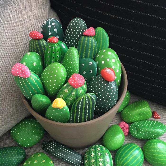 Pot Full Of Cactus Painted Rocks