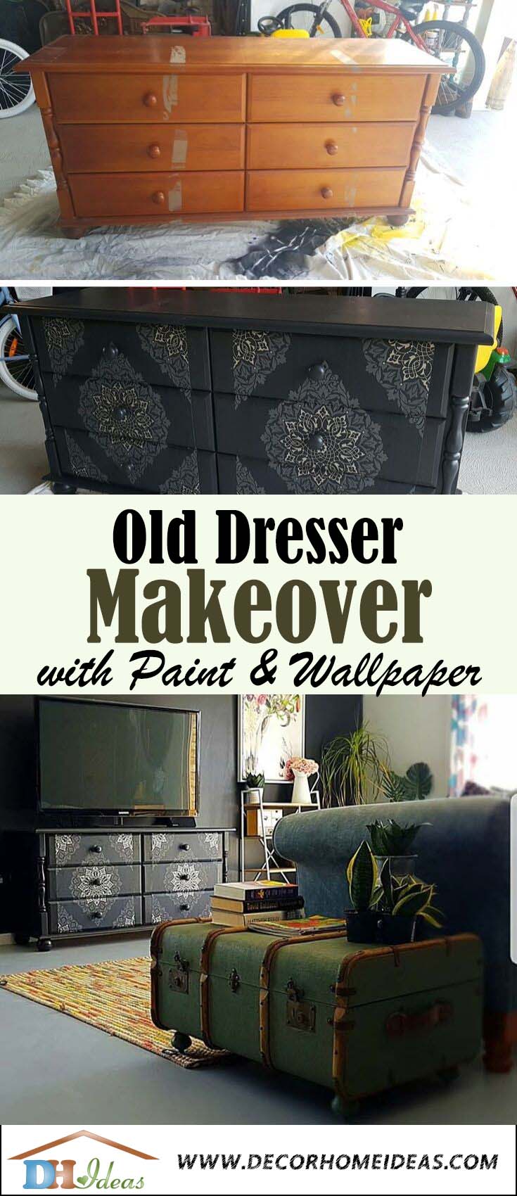 Dresser Makeover With Wallpaper and Water Based Paint. #dresser #makeover #decorhomeideas