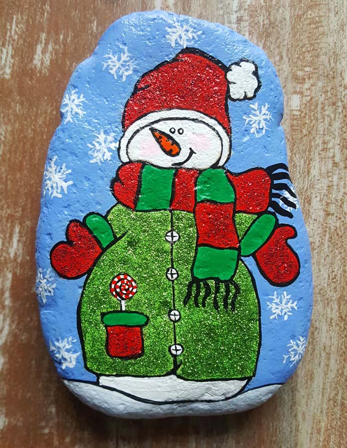 Glitter Snowman Painted Rock 