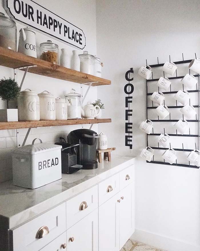 Coffee Bar With Cup Wall Rack #coffeebar #coffeestation #decorhomeideas