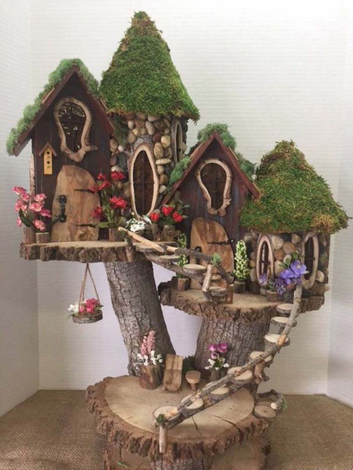 Elevated Tree Log Fairy Village #fairygarden #diy #decorhomeideas