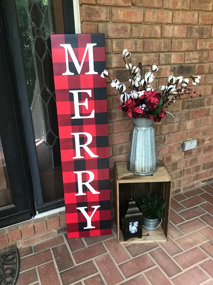 Merry Christmas Sign Front Porch #Christmas #buffalocheck #diy #decorhomeideas