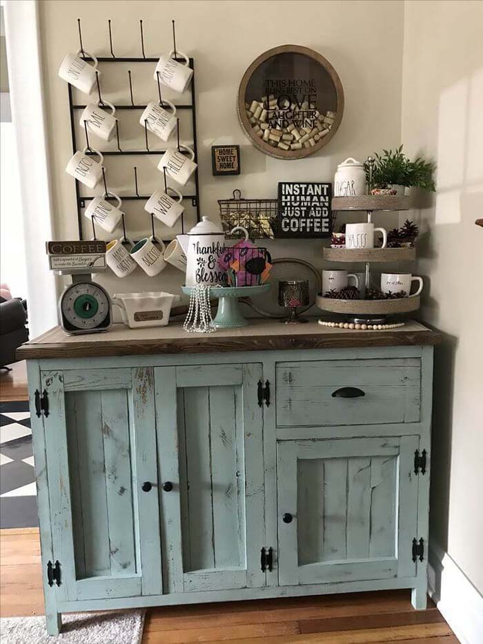 Rustic Cabinet With Mugs Rack #coffeebar #coffeestation #decorhomeideas