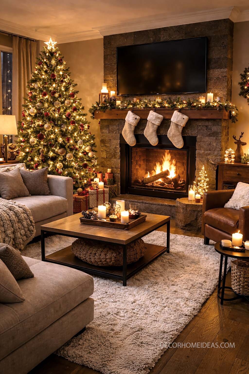 Cozy Christmas Living Room with Fireplace & Twinkling Tree